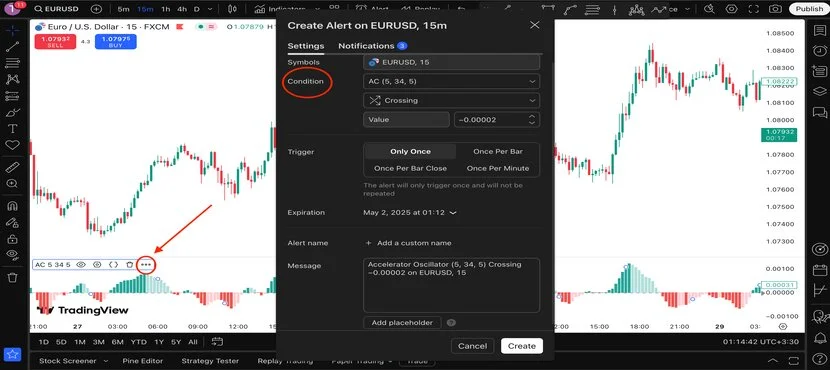 Настройка оповещений индикатора Accelerator Indicator на TradingView.