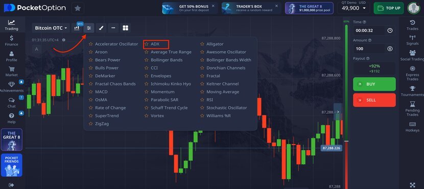 Choosing the DMI Indicator on Pocket Option