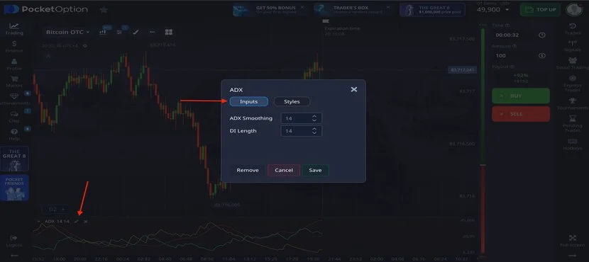 Изменение входных данных индикатора ADX на Pocket Option.