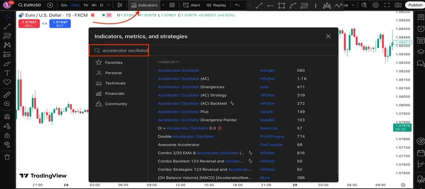 Как выбрать индикатор Accelerator Oscillator на TradingView.