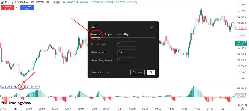 Ввод индикатора Accelerator Indicator на TradingView.