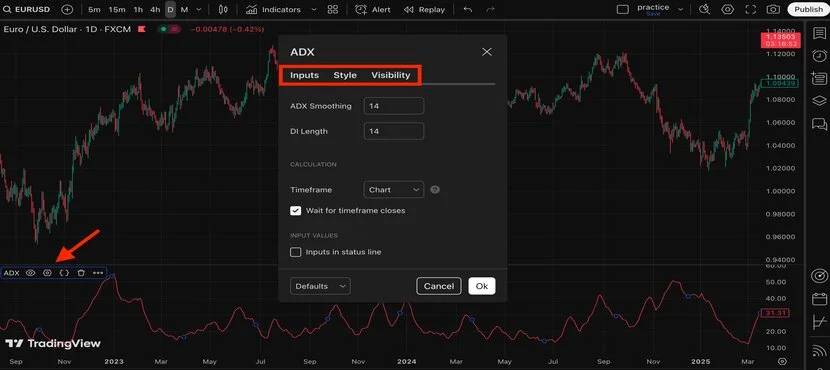 Изменение настроек индикатора ADX на TradingView