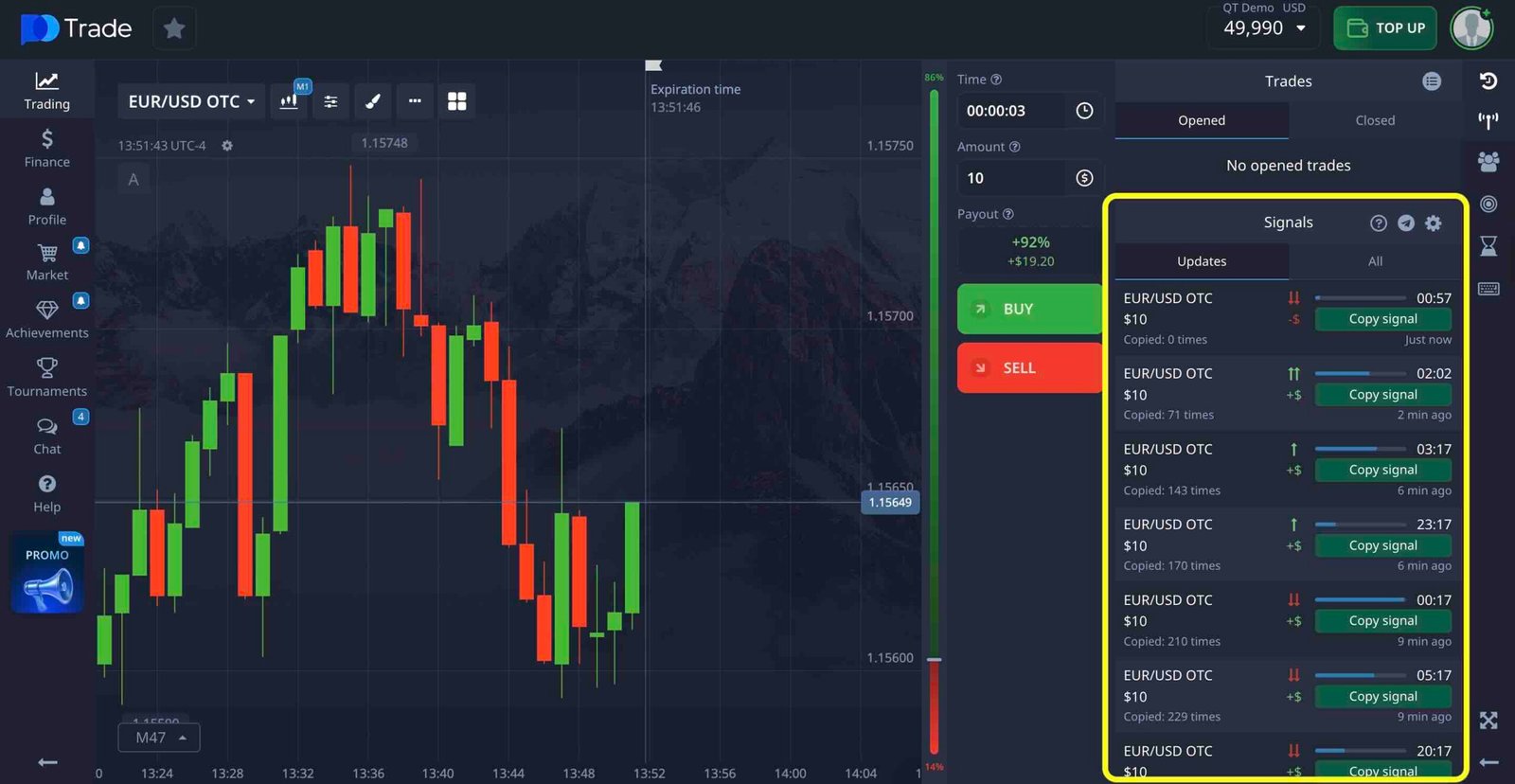 Pocket Option Signals Review: Signals Tab