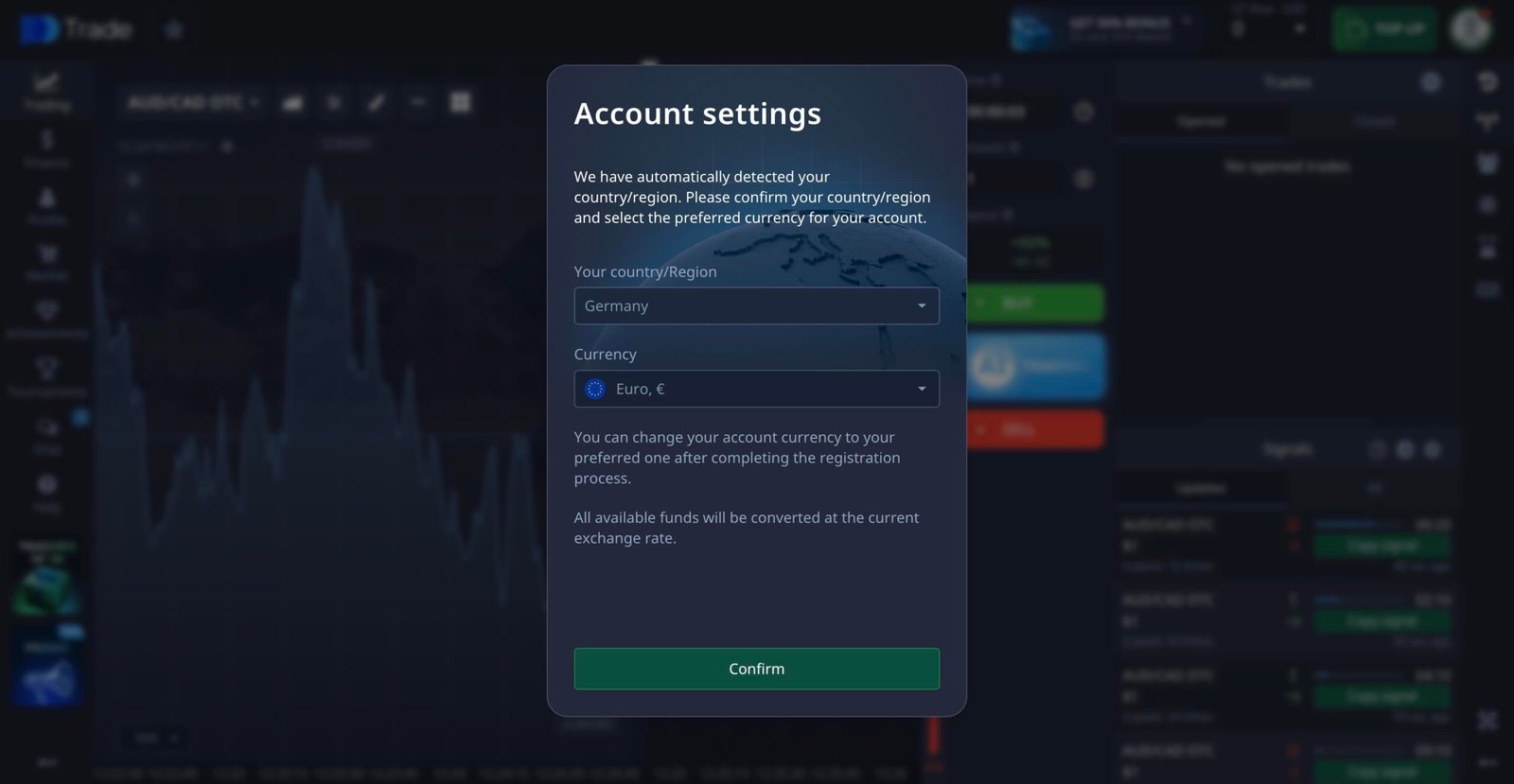 Selecting you country and currency for Pocket Option sign up
