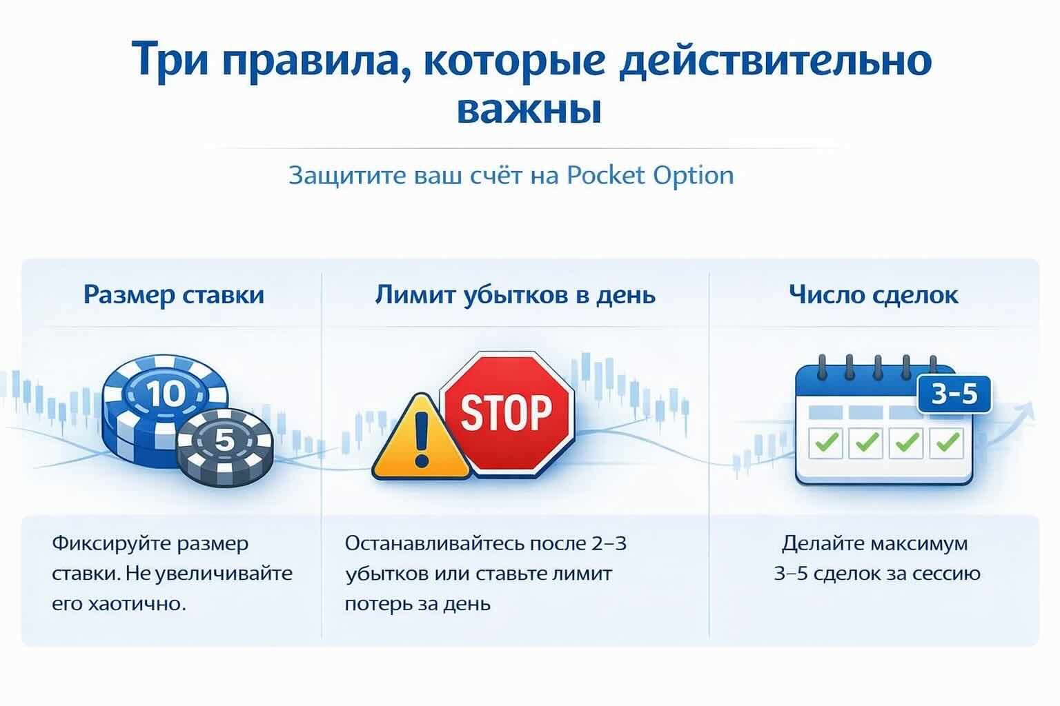 Советы по торговле Pocket Option: 15 правил Инфографика «Три правила, которые действительно важны» — советы по торговле Pocket Option: фиксированный размер ставки, дневной лимит убытков и ограничение числа сделок за сессию