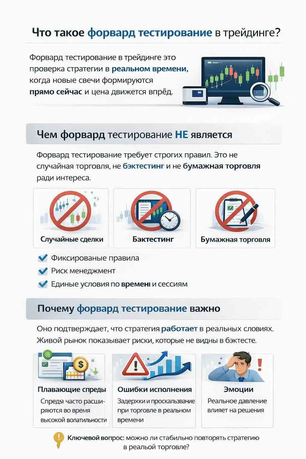 Форвард тест в трейдинге: как тестировать стратегию Инфографика о форвард тесте в трейдинге: что это такое, чем он не является, и почему важен, включая спреды, проскальзывание, ошибки исполнения и эмоции.