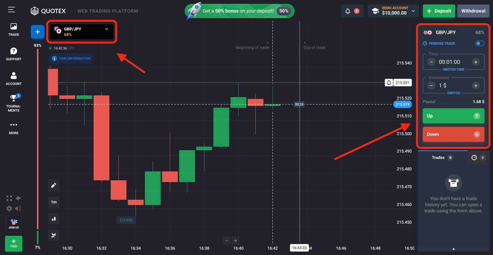 Quotex demo account asset selection and trading panel