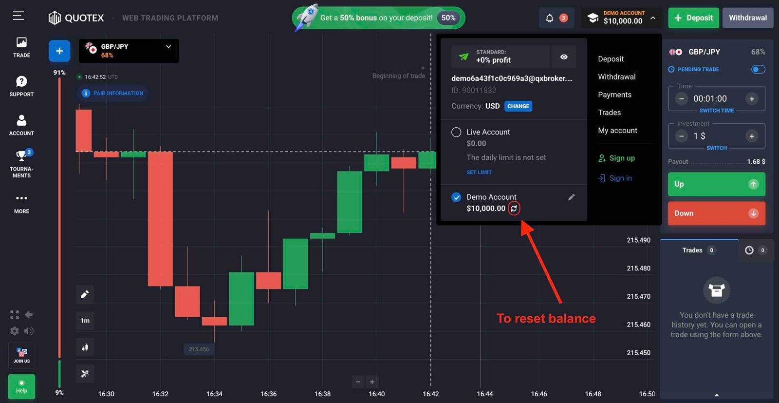 How to reset the Quotex demo account balance