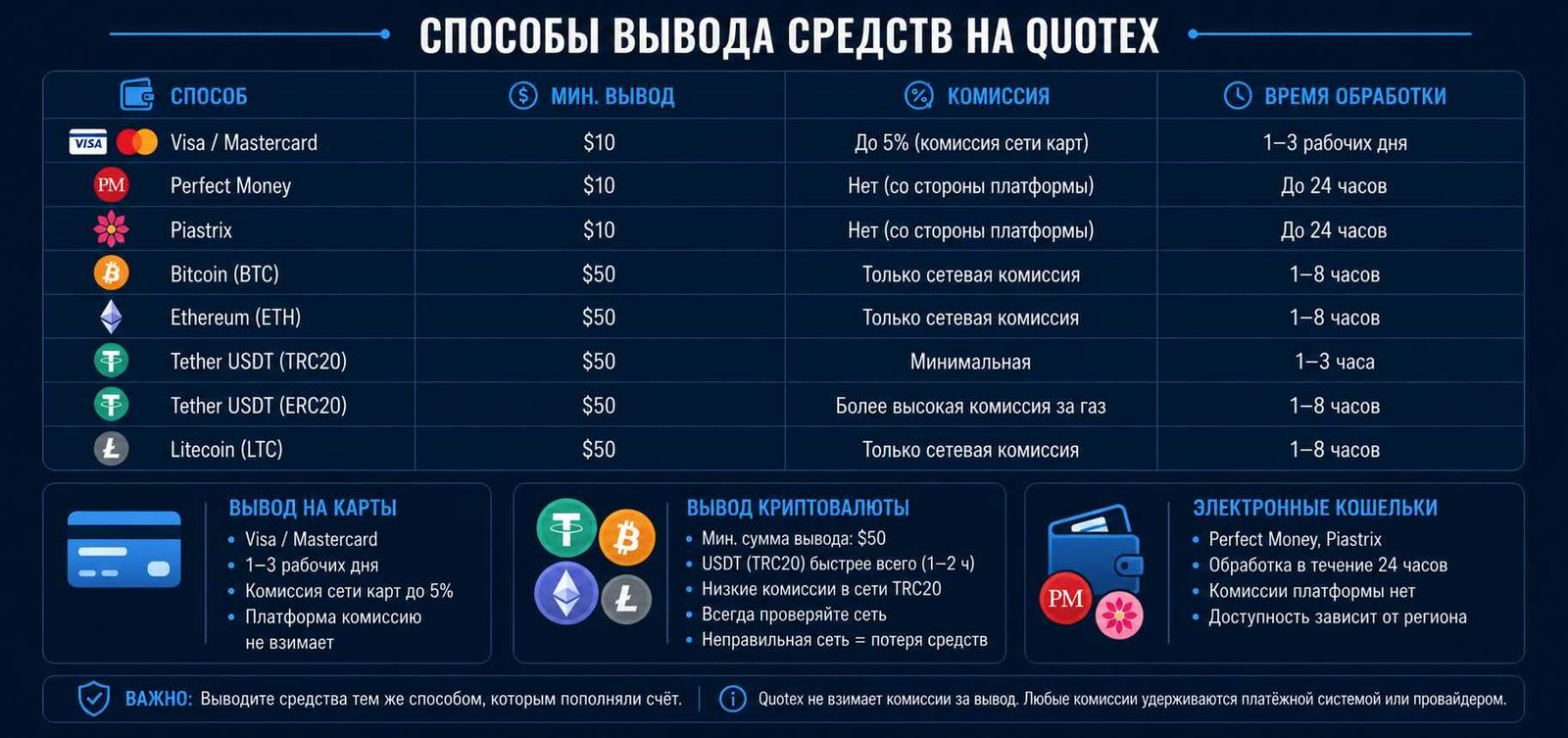 Способы вывода средств Quotex