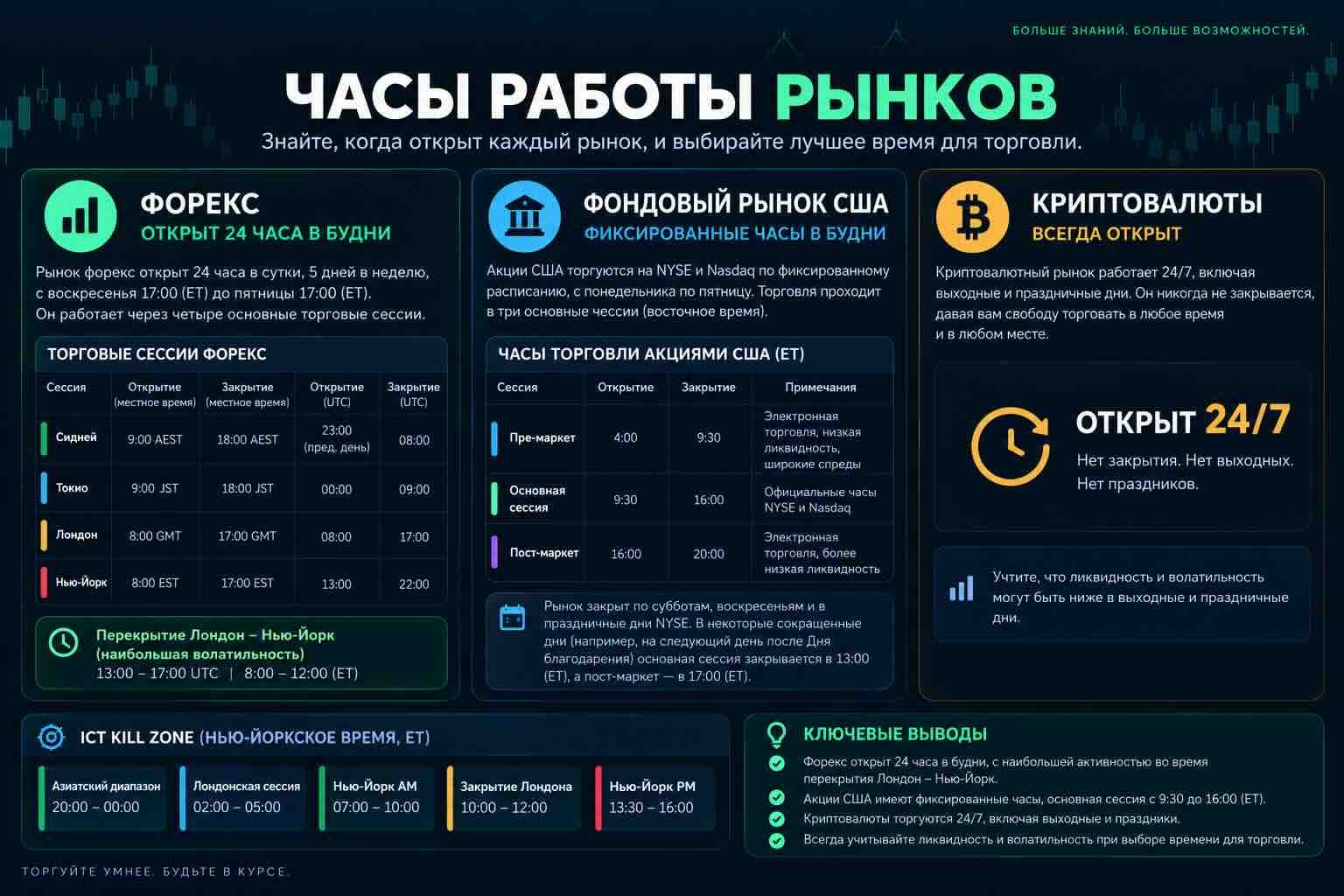 Время работы мировых бирж и торговых сессий форекс Часы работы форекса, акций США и криптовалют: лучшее время для торговли